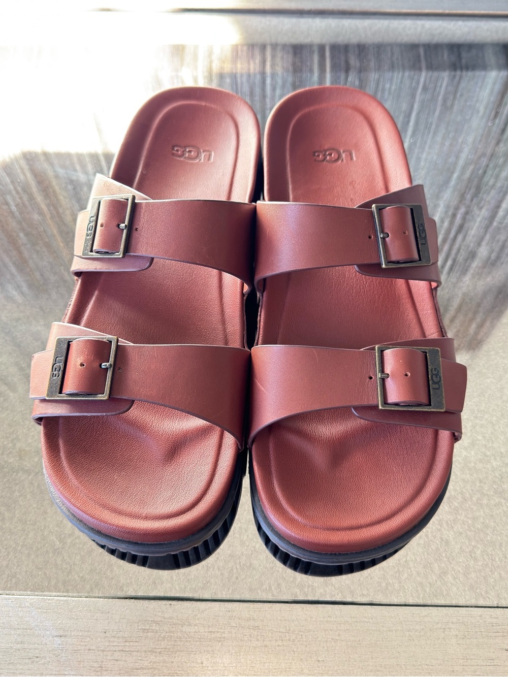 UGG Men’s Rust/Burnt Orange Double-Buckle Slide Sandals